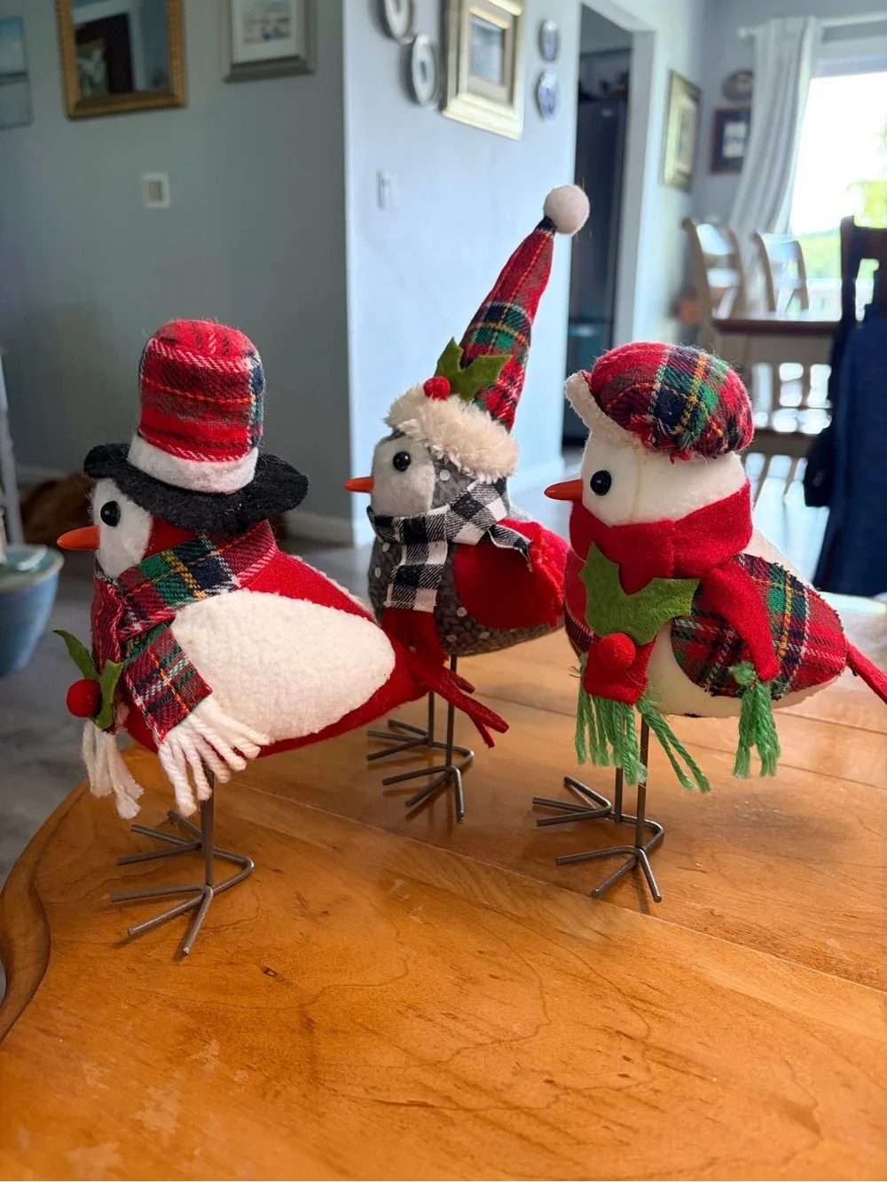 Festive Plaid Holiday Bird Trio - Red and Gray Christmas Decor